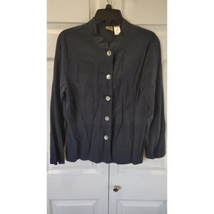 Islander Navy Blue Mandarin Linen Blend Collar Button-Up Jacket Large
